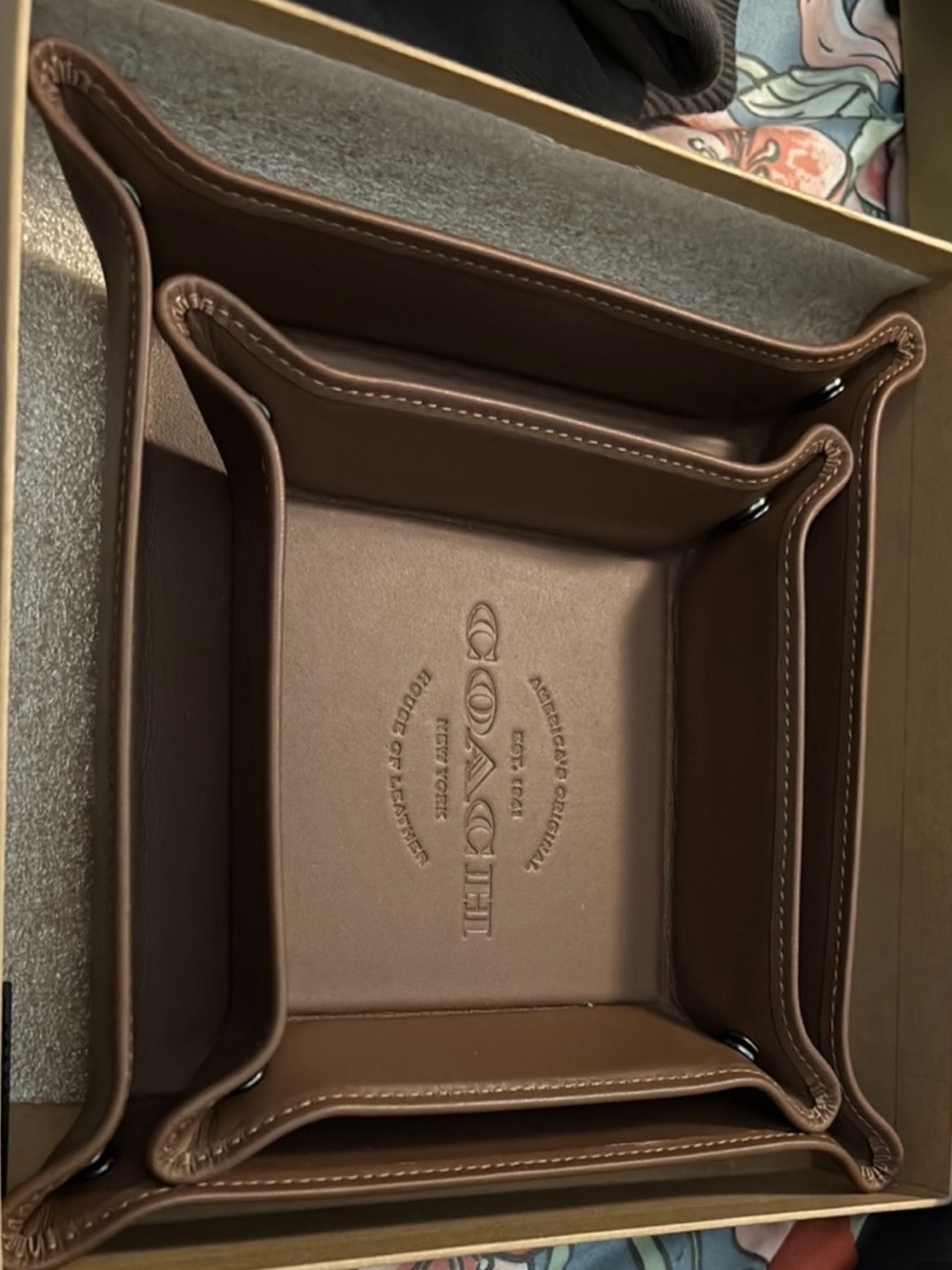 Coach Boxed Valet Tray Set Of Two Dark Saddle Smooth Leather